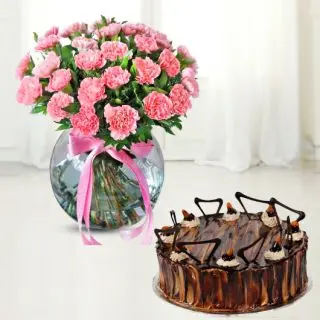 Vase arrangement of 30 pink carnations with irish chocolate cake 