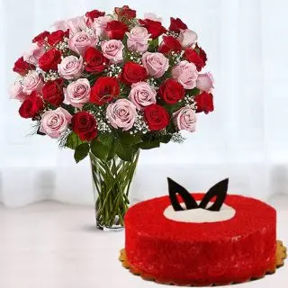 Vase arrangement of 30 red and pink roses with half kg red velvet premium quality cake 