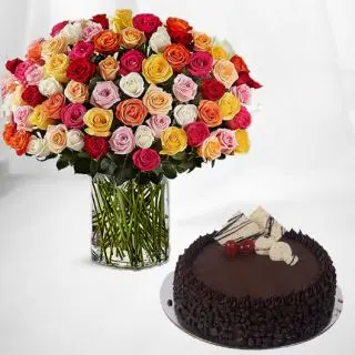 Vase arrangement of 50 mix roses with choco chip cool cake 