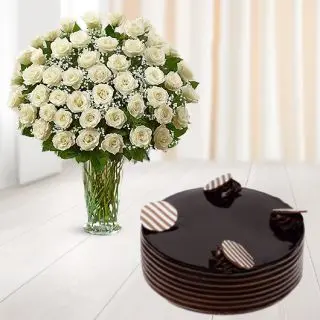 Vase arrangement of 50 white roses with double chocolate cake 