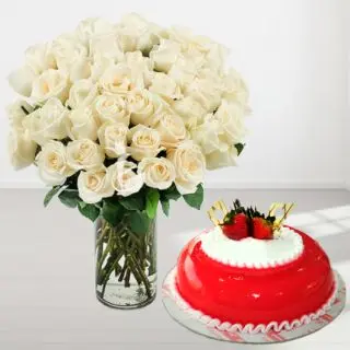 Vase arrangement of 50 white roses with strawberry cool cake
