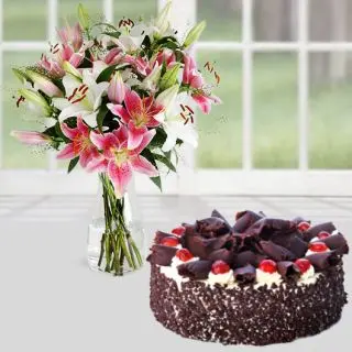 Vase arrangement of 5 mix colour lilies with black forest cool cake 