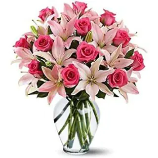 Vase Arrangement of 5 pink lilies with 15 pink roses 