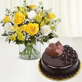 Vase arrangement of carnations with roses with premium chocolate truffle cake