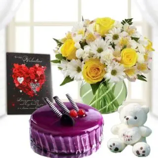 Vase arrangement of exotic mix flowers, half kg black currant cake, 6 inch teddybear, valentine greeting card 