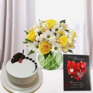 Vase arrangement of exotic mix flowers, with half kg vanilla cool cake with valentine greeting card 