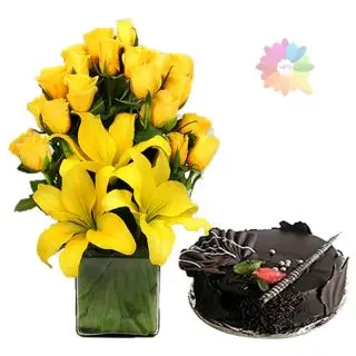 Vase arrangement of lilies and roses with 1 pound chocolate fantasy cake