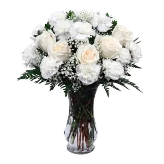 Vase arrangement of white roses with white carnations 