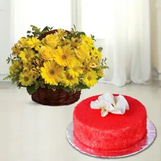basket Arrangement of yellow gerberas with yellow roses with red velvet cake