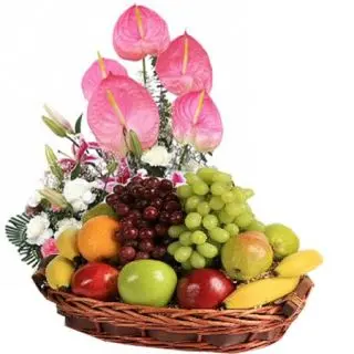 4kg assorted mix fruit basket with liles, carnation 