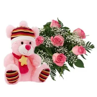 Wonders of Love -1 feet height cute Teddy With Bunch of  6 Beautiful pink Roses