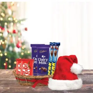 Assorted Chocolate Basket With 2 Kit Kat , 2 Dairy Milk Silk , 2 Perks and Santa Cap