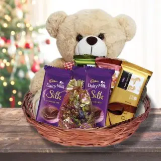 Basket Of 5 Diary Milk Silk With 3 Temptations With A Cute Teddy Bear With Assorted Home Made Chocolates