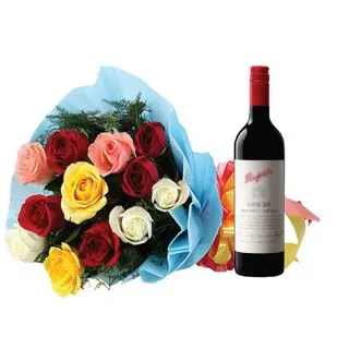 Bottle Of Red Wine With Bunch Of 12 Mix Colour Roses
