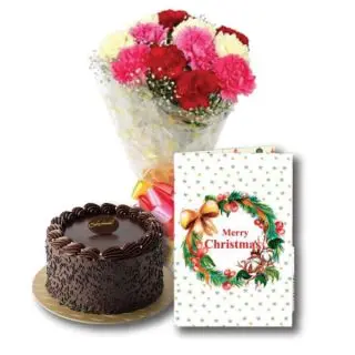 Bunch Of 10 Carnations In Mix Colors With 1 Pound Chocolate Cake And a Christmas Greetings Card