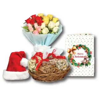 Bunch Of 20 Mix Color Carnations With 1 Kg Assorted Dry Fruits And Santa Claus Cap
