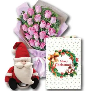 Bunch Of 20 Pink Roses With Santa Claus Soft Toy And Christmas Greeting Card
