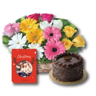 Basket Of Assorted Mix Flowers With 1 Kg Chocolate Cake With Christmas Greeting Card