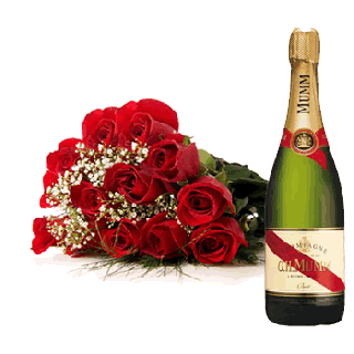 Full of passion- 12 red roses hand bouquet with bottle of red wine